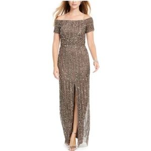 Adrianna Papell off shoulder beaded gown gray 20W